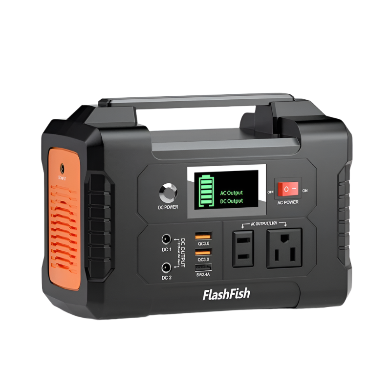 Portable power station with multiple outlets and display on a white background, branded 'FlashFish'.