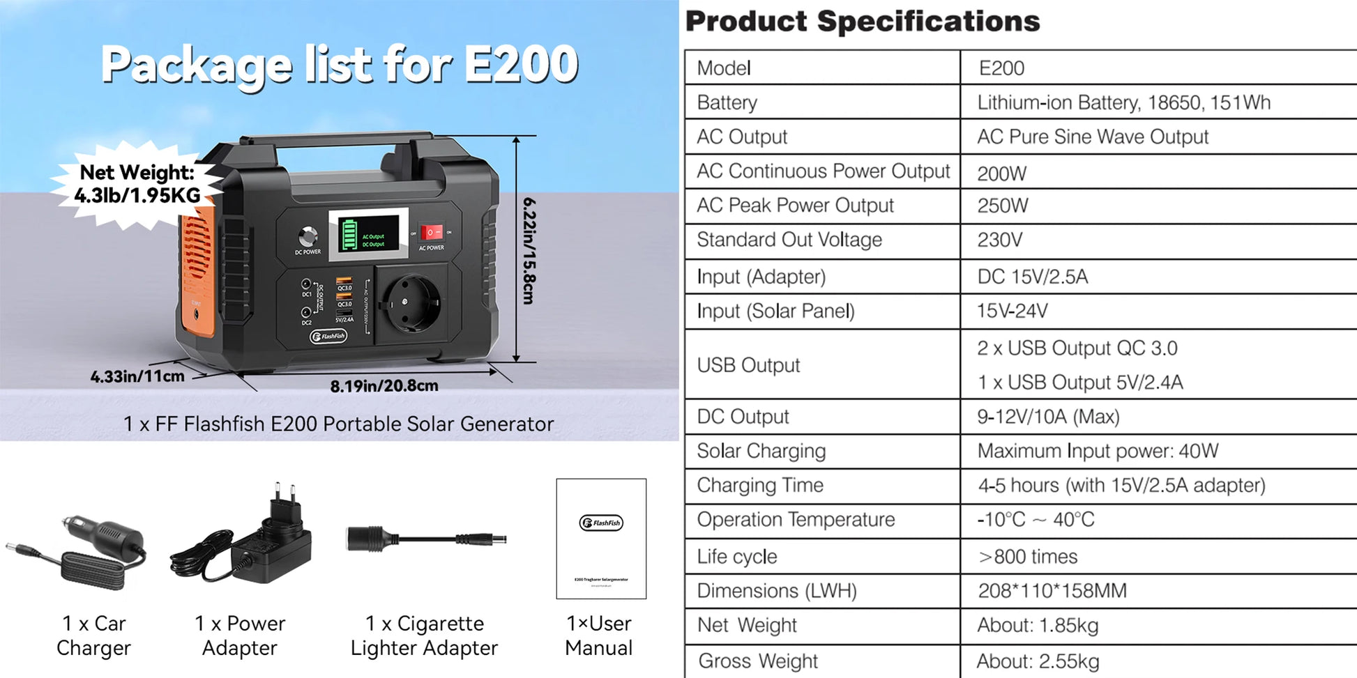 E200 Portable Power Station 200W Solar Generator 151WH Battery AC DC Outdoor Camera Drone Power Supply Solar Charge