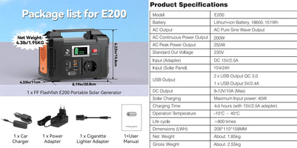 E200 Portable Power Station 200W Solar Generator 151WH Battery AC DC Outdoor Camera Drone Power Supply Solar Charge