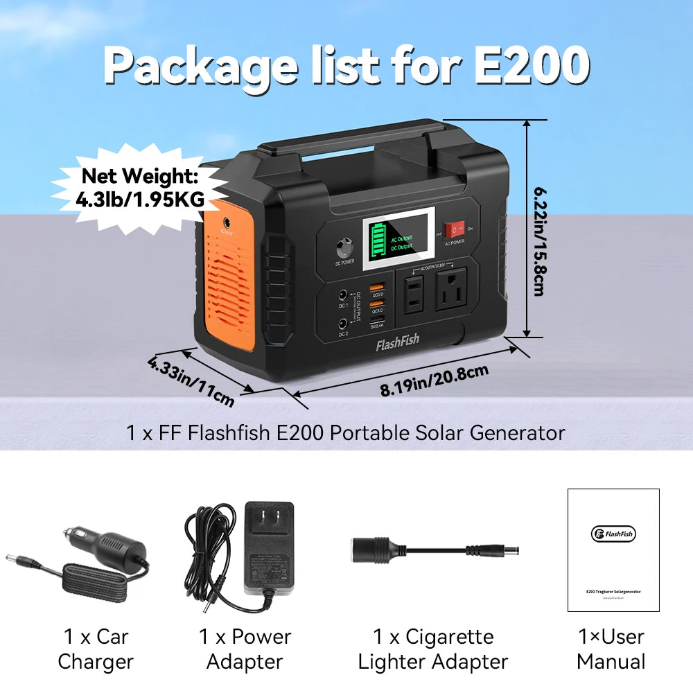 E200 Portable Power Station 200W Solar Generator 151WH Battery AC DC Outdoor Camera Drone Power Supply Solar Charge