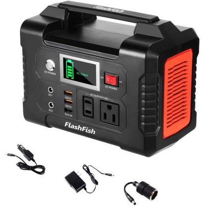 Portable power station with multiple outlets and connectors on a white background